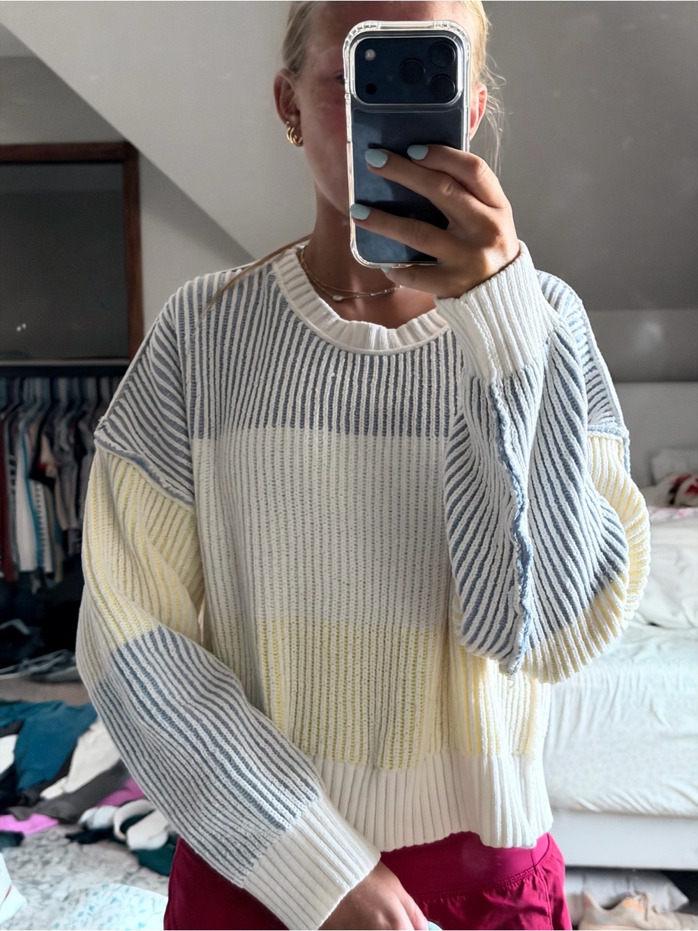 Altar'd State Cream, Light Blue & Pale Yellow Striped Crewneck Sweater